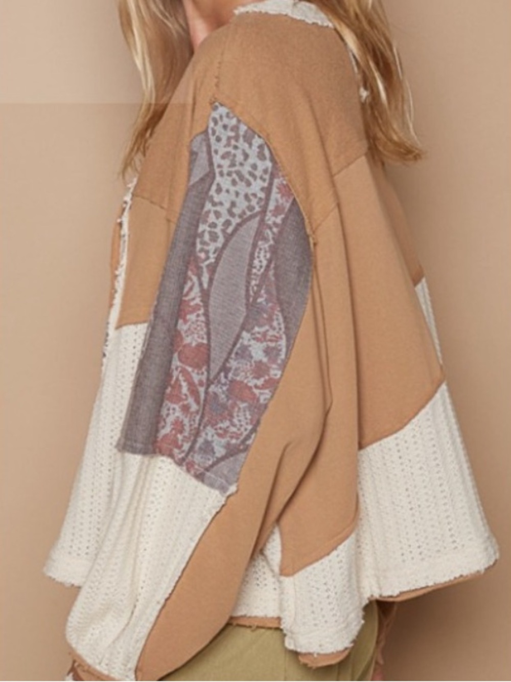 POL Boho Sweatshirt Latte Peace Size L Oversized Patchwork Frayed Edges - Picture 3 of 10